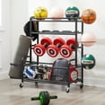 thumbnail image 1 of Garage Sports Equipment Organizer, 4-Tier Ball Storage Organizer Cart on Wheels, Indoor Outdoor Yoga Mat Ball Storage Rack with Basket & Hooks, 1 of 5