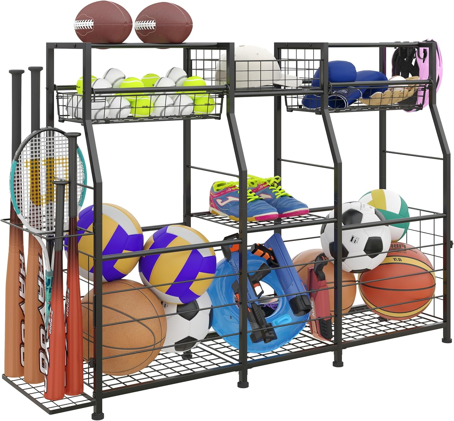 Garage Sports Equipment Organizer - Ball Storage Rack with Elastic Rope ...