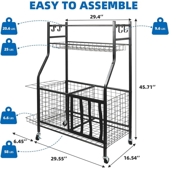 Garage Sports Equipment Organizer, Ball Storage Rack, Garage Golf Organizer with Basket and Hooks, Rolling Sports Ball Storage Cart for Toy Gear Storage (45.71 inch)
