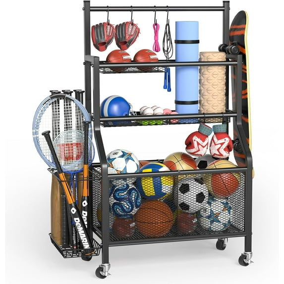 Garage Sports Equipment Organizer - Ball Storage Rack Heavy Duty Steel Ball Storage with 360 Rotaing Casters, Sports Organizer for Garage, Ball Rack for Basketball, Indoors and Outdoors