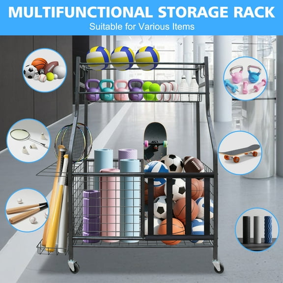 Garage Sports Equipment Organizer, Large Capacity Ball Storage Rack with Wheels, Rolling Ball Cart for Basketball, Soccer, Indoor & Outdoor Use, Multi-Functional Sports Gear Storage