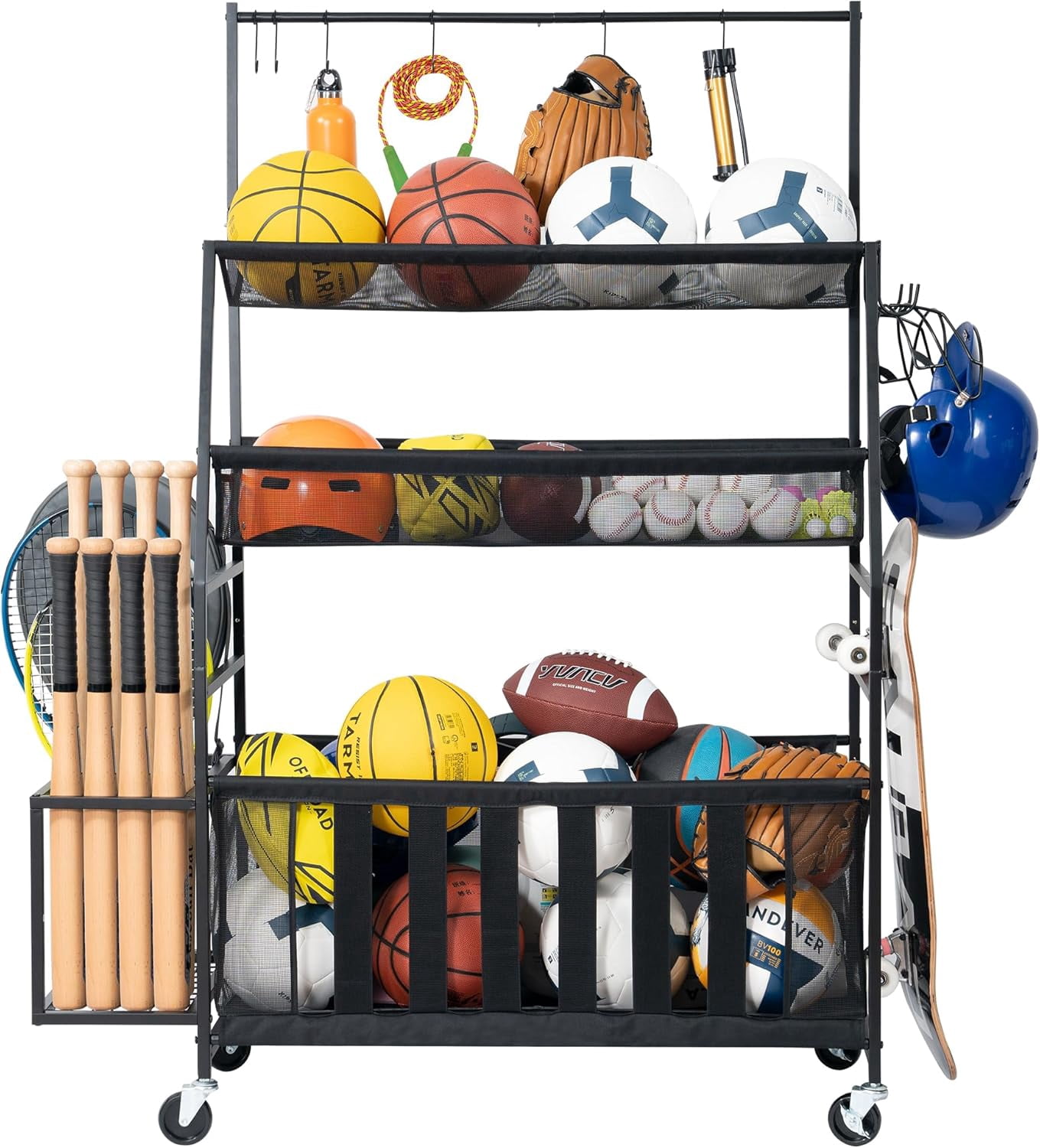 Heavy-Duty Sports Equipment Organizer Rack – 4-Tier Steel Ball Storage With Wheels, For Garage, Gym, Or Kids’ Room