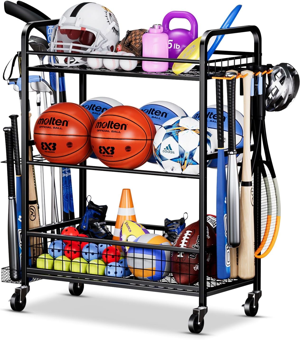 Garage Sports Equipment Organizer - Rolling Ball Storage Rack with ...