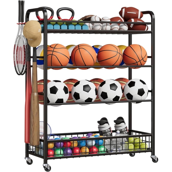 Garage Sports Equipment Organizer - Rolling Ball Storage Rack with Bat Holder Hooks and Multi Purpose Sports Gear Storage
