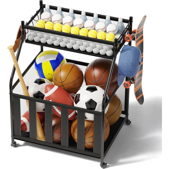 Garage Sports Equipment Organizer with Wheels - Garage Ball Storage with Elastic Rope and 6 Hooks - Home Gym Storage for Basketball Soccer - Outdoor Storage Rack for School Playground (Black)