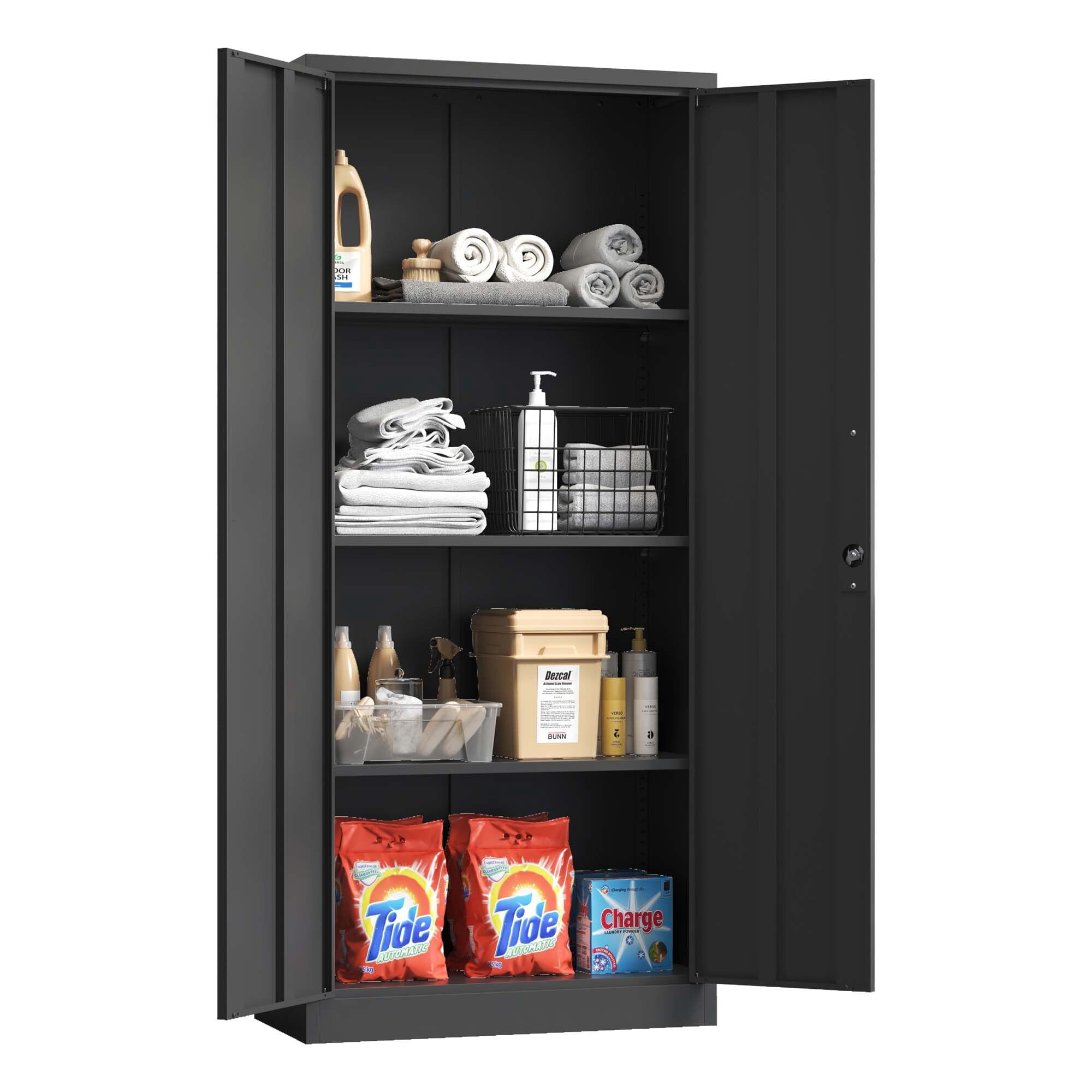 Alvantor Tall Metal Storage Cabinet with 3 Adjustable Shelves and Lockable Doors, Black