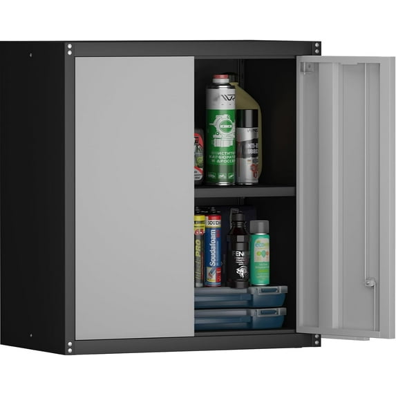 Garage Storage Cabinet,Garage Cabinets with 2 Doors.Locking Wall Cabinet with Adjustable Shelf,Wall Cabinets for Basement,Shop,School,Grey-Black