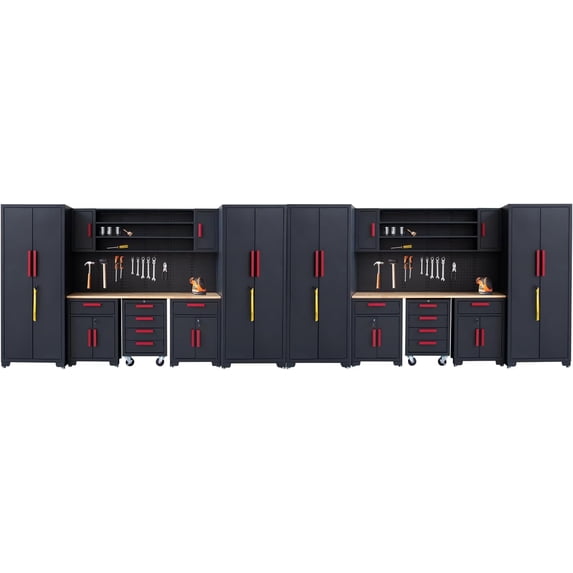 Garage Storage Cabinet System, 18PCS Workshop Cabinet Set in Black, Included Steel Cabinets Drawers Rolling Chest and Pegboard,Locked Garage Storage Cabinet,Red Handle