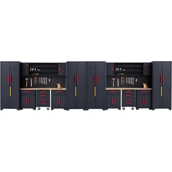 Garage Storage Cabinet System, 18PCS Workshop Cabinet Set in Black, Included Steel Cabinets Drawers Rolling Chest and Pegboard,Locked Garage Storage Cabinet,Red Handle