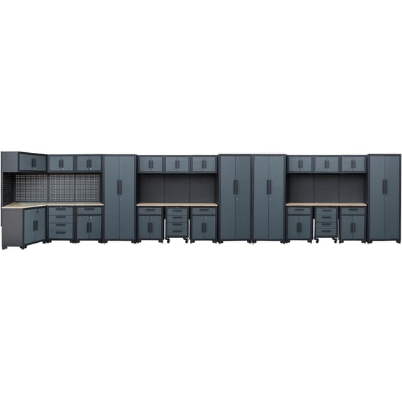 Garage Storage Cabinet System,26Pcs Garage Cabinets and Storage System Corner Workshop Set with Corner Cabinet, Cabinet Drawers, Workbench, Pegboard for Tool Organization, Black Grey