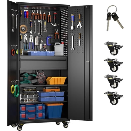 Garage Storage Cabinet with Wheels, 5 Pegboards and 1 Drawer, 71" H Lockable Metal Storage Cabinet with 2 Adjustable Shelves and 16 Hooks for Garage,Warehouse, Assembly Required,Black