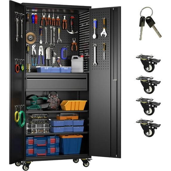 Garage Storage Cabinet with Wheels, 5 Pegboards and 1 Drawer, 71" H Lockable Metal Storage Cabinet with 2 Adjustable Shelves and 16 Hooks for Garage,Warehouse, Assembly Required,Black