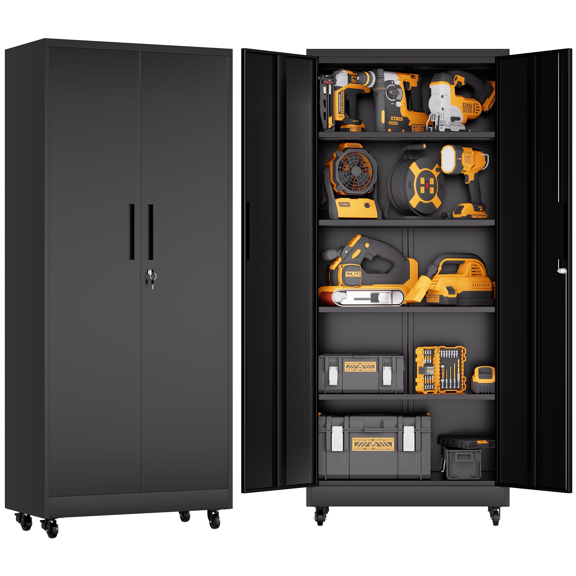Garage Storage Cabinet with Wheels and Lock, 71 inch Heavy Duty Rolling Metal Cabinet, 4 Adjustable Shelves (180lb Each), 3-Point Locking Security for Tool Organization in Garage, Workshop, Office