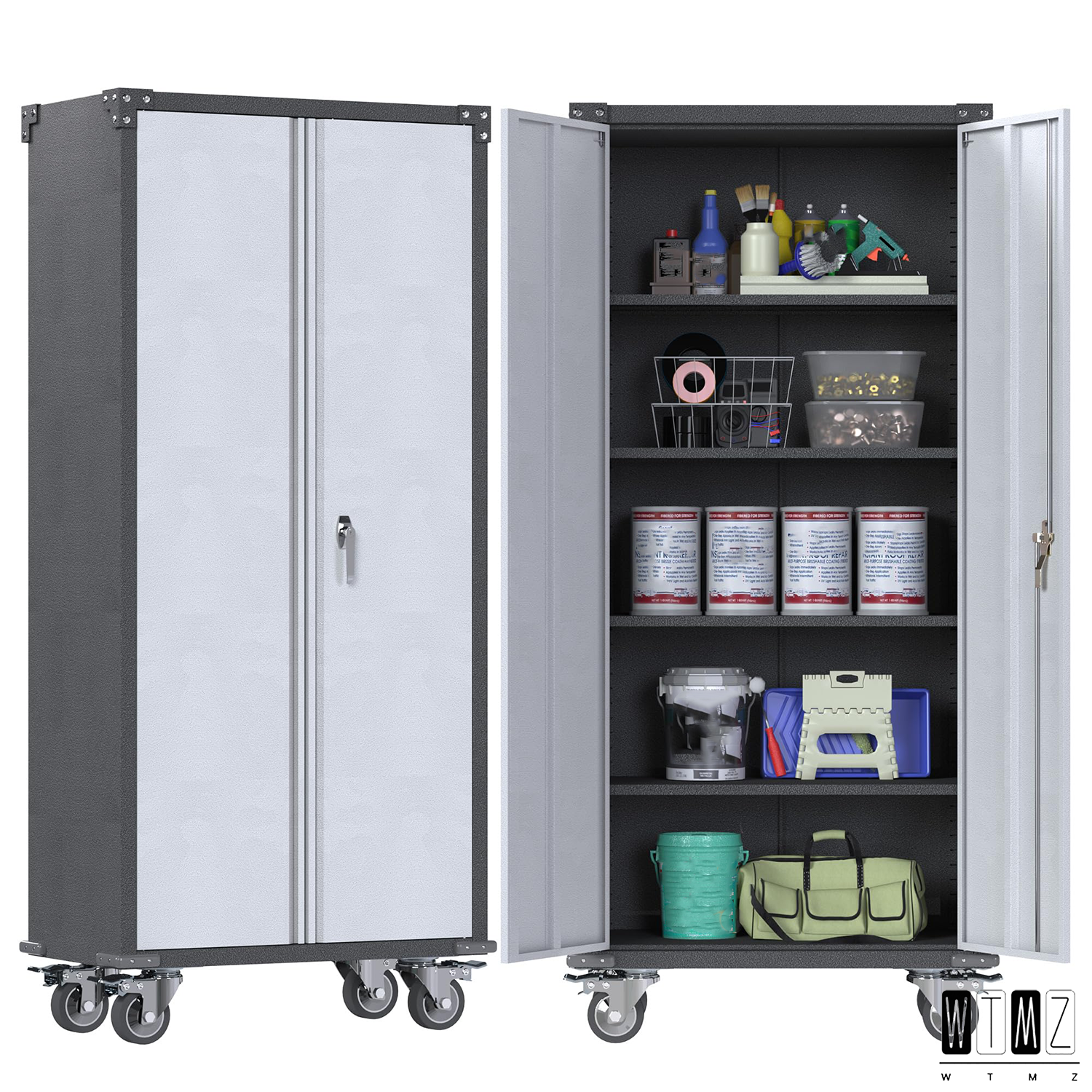 Garage Storage on Wheels, Metal Storage with 2 Doors