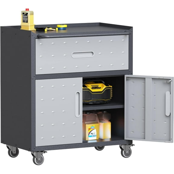 Garage Storage Cabinet with Wheels Metal Garage Cabinets with Drawer Heavy Duty Steel Rolling Tool Cabinet with Lock Rolling Tool Cart Mobile Cabinet for Warehouse Basement, Assembly Required