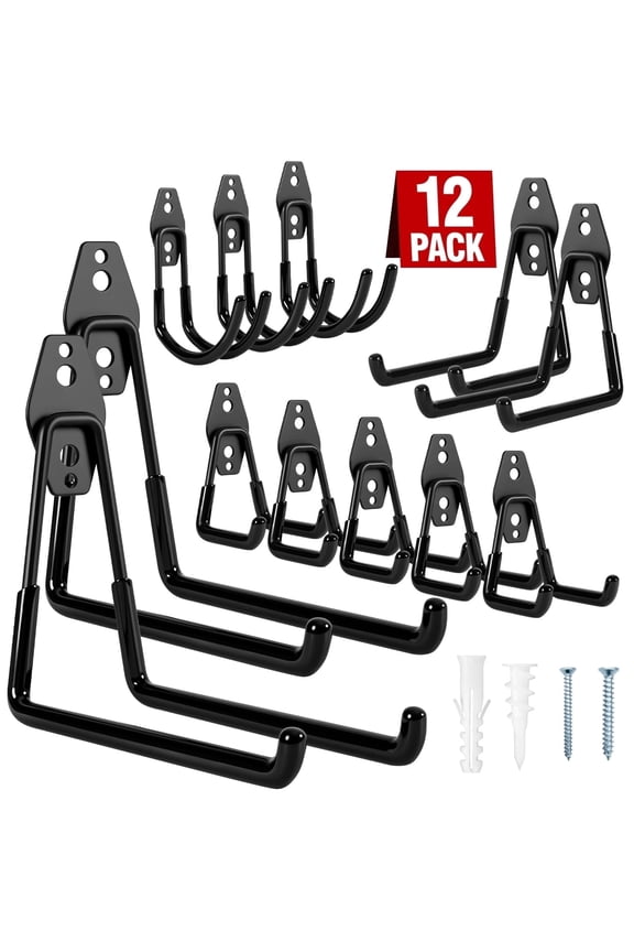 12 Pack Garage Hooks Heavy Duty Garage Wall Hooks Tool Hanger, Wall Mount Storage Hooks for Hanging Bike, Ladder, Garden Tools, Anti-Slip Coating