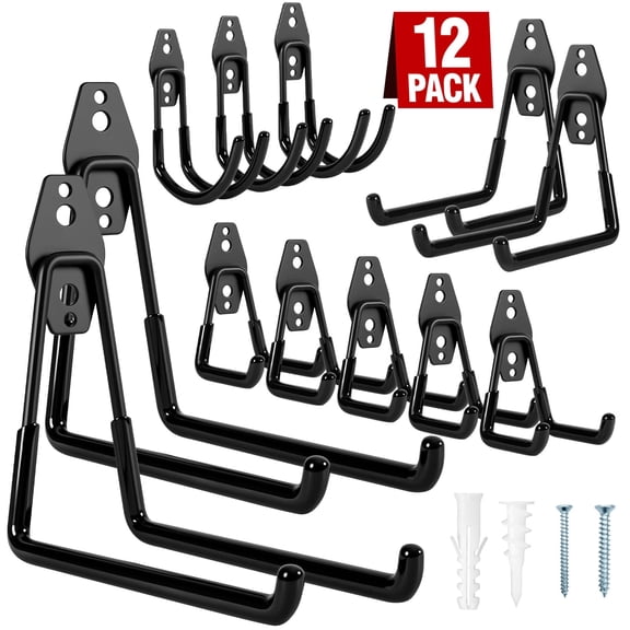 Garage Storage Hooks - 12 Pack Heavy Duty Steel Wall Mount Hooks Tool Organizer Rack for Garden Tools,Hanging Bike, Ladder