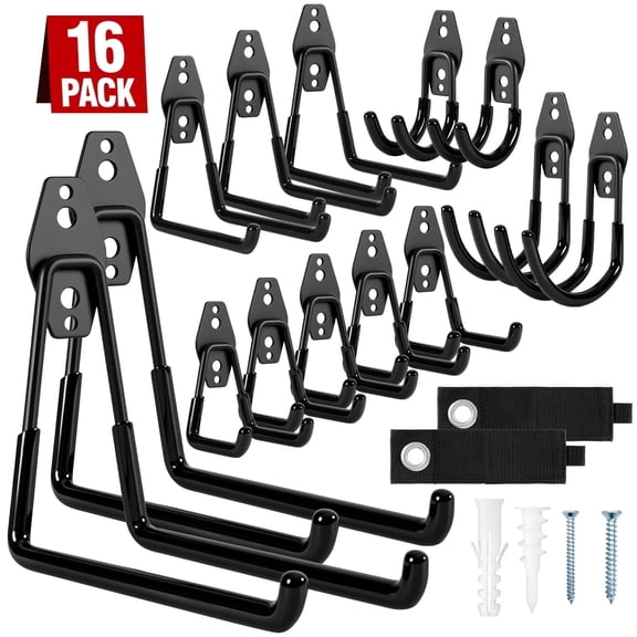 16 Pack Garage Hooks Heavy Duty Garage Wall Hooks Tool Hanger, Wall Mount Storage Hooks for Hanging Bike,Ladder,Tools,Anti-Slip Coating