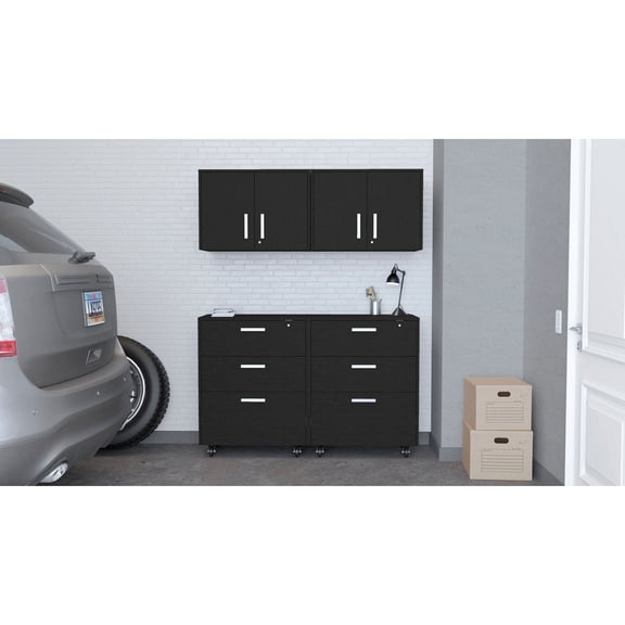 Garage Storage Kit | 4 Black Cabinets, Drawer & Wall | Wood Material for Quality | Transforms Garage into Modern Space