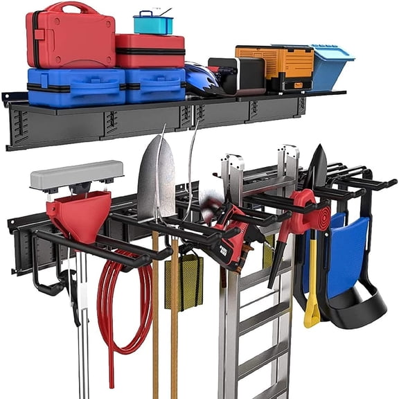 Garage Storage Organizer Systems, Wall Mount Overhead shelving, 48 inch Heavy Duty Steel Tool Racks, 6-Pack 12'' Double Hooks, by 7 Floating Shelves, up to 1200Ibs