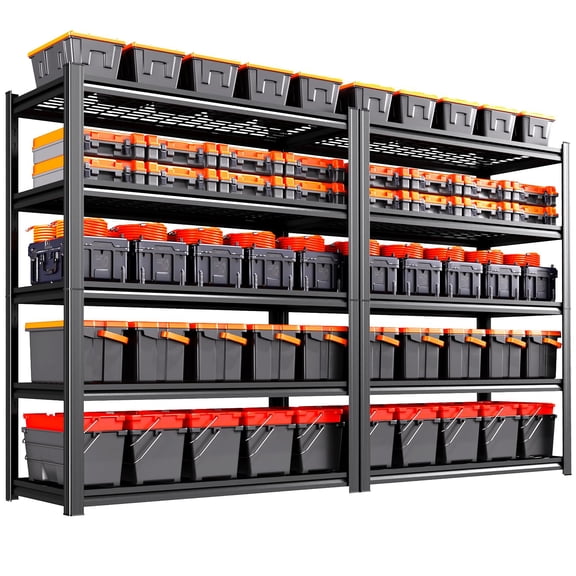 Garage Storage Rack, Five Tier Metal Shelving Unit, For Warehouse Industrial Pantry Basement Workshop, Adjustable Height Heavy Duty Frame, Modern Industrial Style, Black, Two Piece Set
