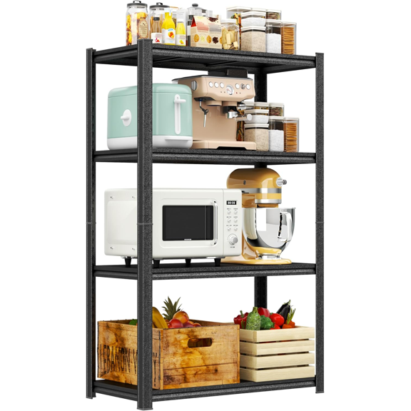 Garage Storage Shelves, 4-Tier Garage Rack, Adjustable Industrial Shelving Unit , Double-Layer Column with Reinforced Ribs, Heavy-Duty, 44''H*28''W*14''D for Warehouse and Basement, Black