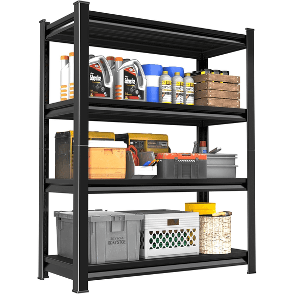 Garage Storage Shelves, 4-Tier Garage Rack, Adjustable Industrial Shelving Unit , Double-Layer Column with Reinforced Ribs, Heavy-Duty, 44''H*32''W*12''D for Warehouse and Basement, Black