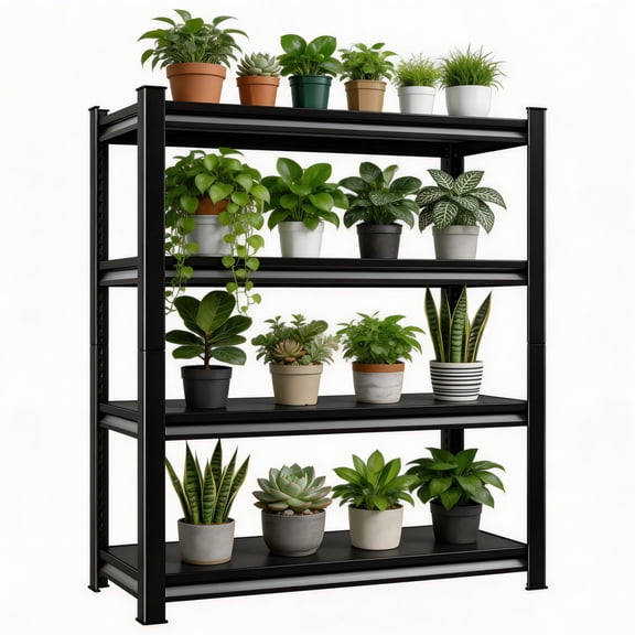 Garage Storage Shelves, 4-Tier Garage Rack, Adjustable Industrial Shelving Unit , Double-Layer Column with Reinforced Ribs, Heavy-Duty, 44''H*36''W*14''D for Warehouse and Basement, Black