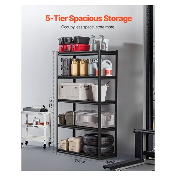 Garage Storage Shelves 5 Tier - 2000 lbs Capacity - 40x18x72in Metal Shelving Unit - Adjustable Heavy Duty Shelves for Garage, Kitchen, Warehouse, Basement - Black