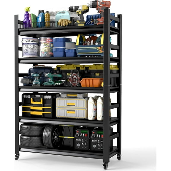 Garage Storage Shelving - Adjustable 5-Tier Heavy Duty Metal Shelving, 2000lbs High Load Capacity, Multi-Functional for Garage, Warehouse, or Home Storage, 63"H x 16"D x 32"W,with Wheels, Black