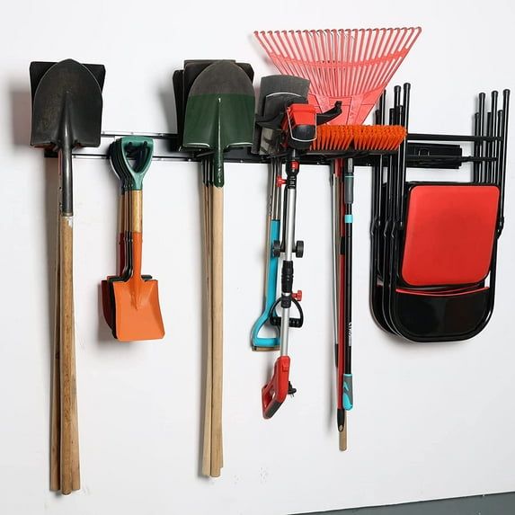 Garage Storage System with 6 Adjustable Hooks and 3 Heavy Duty Tracks, Black Wall Mount Tool Organizer Rack for Garden Tools