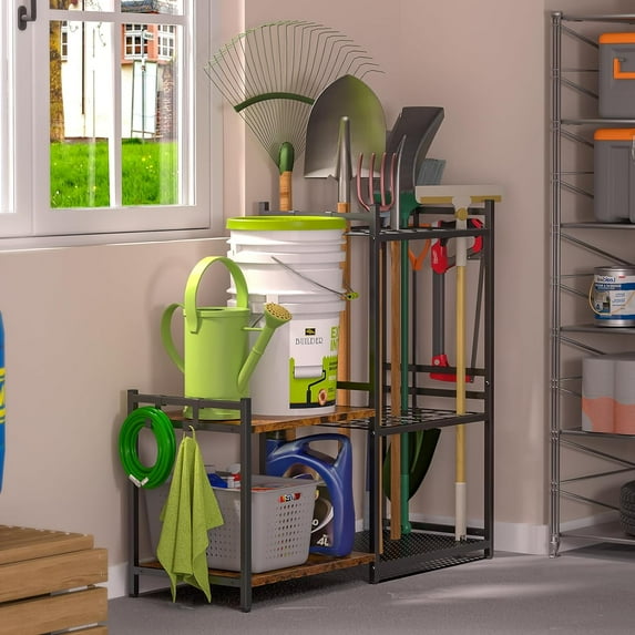 Garage Tool Organizer with 2-tier Wooden Shelves, Yard Tool Organizer for Garage with 6 Hooks, Heavy duty Steel Garden Tool Rack Holds up to 35 Long Handled Yard tools for Storage, Black