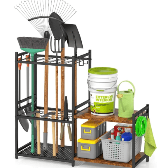 Garage Tool Organizer with 2-tier Wooden Shelves, Yard Tool Organizer for Garage with 6 Hooks, Heavy duty Steel Garden Tool Rack Holds up to 35 Long Handled Yard tools for Storage, Black