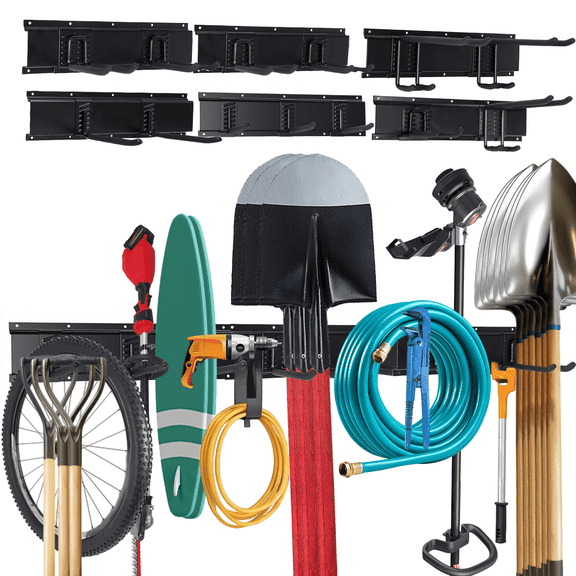 Garage Tool Organizer Wall Mount, 1000 LBS Heavy Duty Storage Rack with 6 Rails and 13 Adjustable Hooks