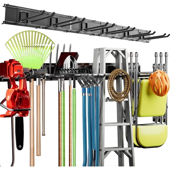 Garage Tool Organizer Wall Mount, 48" Heavy Duty Wall Tool Organizer Rack with 6 Hooks, Garage Storage Tools Hanger for Shovel, Rake, Folding Chair, Garden Tools, Lawn, Yard, Shed