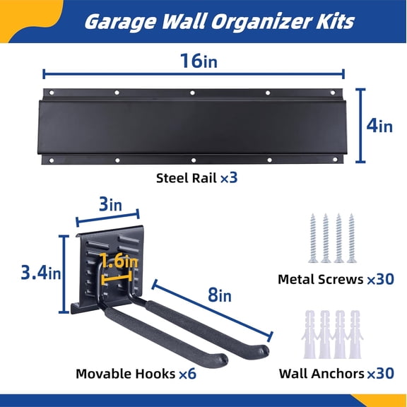 Garage Tool Organizer Wall Mount 48 Inch Heavy Duty Garden Storage Rack with Adjustable Hooks 400 lbs Capacity Anti-Rust Metal Shelf for Shed Yard