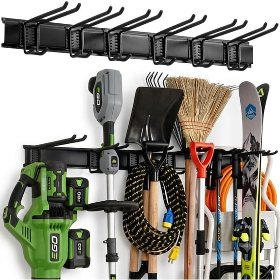 Garage Tool Organizer Wall Mount, 48-Inch Heavy Duty Garden Tool Rack for Shed, Holds 350lbs, Adjustable Storage Hanger for Shovel, Rake, and Power Tools