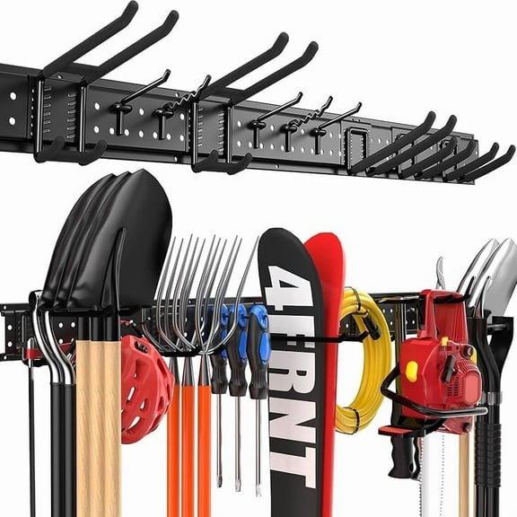 MY Garage Tool Organizer Wall Mount 48 inches with 10 Adjustable Heavy-Duty Hooks, Garage Organization, Garden Tool Storage Rack for Garage, Yard, and Shed, Holds Up to 400 lbs