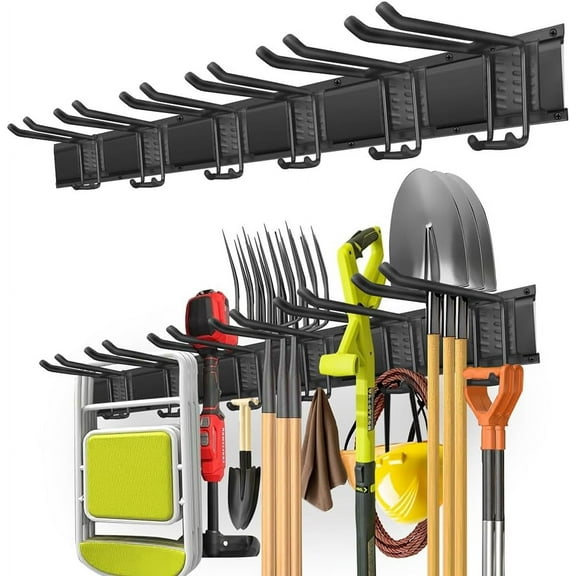 Garage Tool Organizer Wall Mount with 48 inches Rails and 6 Double-layer Hooks, Garden Tool Rack Heavy Duty, Garage Hanging Storage Rack For Yard Tools, Shovel, Shed