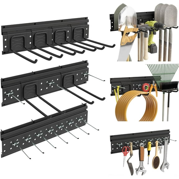 Garage Tool Storage Organizer Wall Mount, Heavy Duty Metal Garden Tool Rack Kit, 48inch Tracks with 16 Hooks for Shovel, Broom, Rake, Home, Max Load 600lb