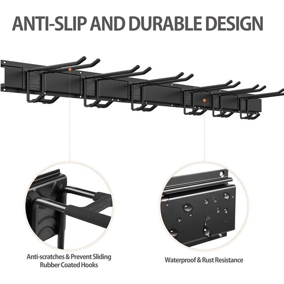 Garage Tool Storage Rack, 48 Inch Garage Organizer Wall Mounted Storage System with 6 Double Layer Hooks, Super Heavy Duty Garden Tool Hanger for Ski Gears, Chair, Rake Shovel Yard Tools$$