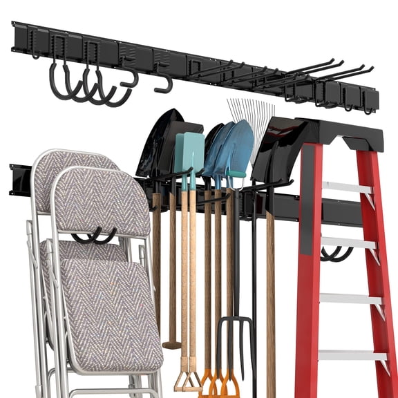 Garage Tool Storage Rack, Heavy Duty Garage Storage Organizer Rack System Wall Mounted Tool with 12 double hooks, 4 rails Garden Tool Rack