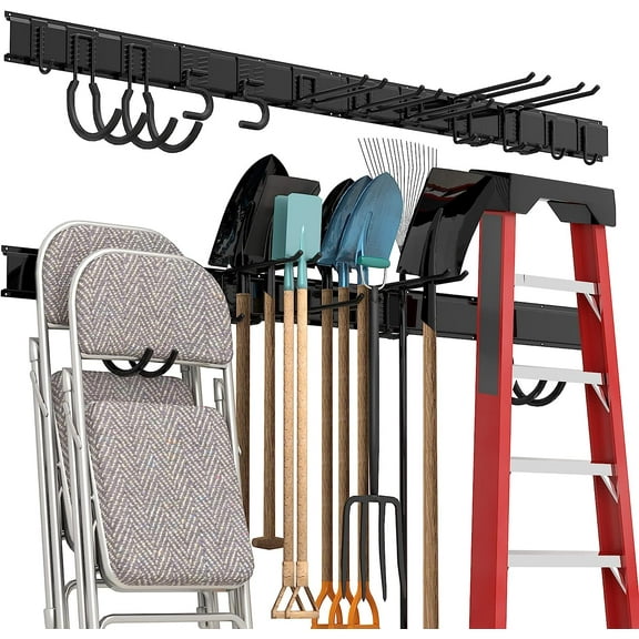 Garage Tool Storage Rack, Heavy Duty Garage Storage Organizer Rack System Wall Mounted Tool with 12 double hooks, 4 rails Garden Tool Rack