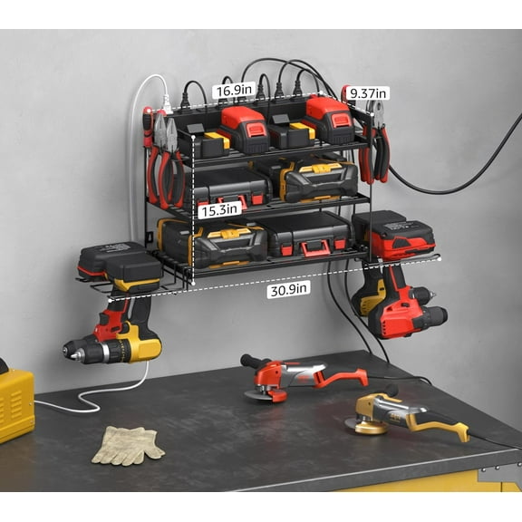 Garage Tools Storage with Charging Station. Power Tool Battery Organizer Utility Shelf with Power Strip. 4 Drills Holder Wall Mount Rack, Black 3 Layer.