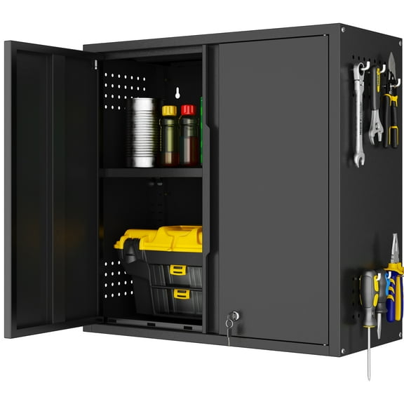 Garage Wall Cabinet, 26'' Black Metal Wall Cabinet with Doors and Adjustable Shelf, Locking Metal Garage Storage Cabinets, Wall Mounted Cabinets for Garage,Home Office,Bathroom,Kitchen