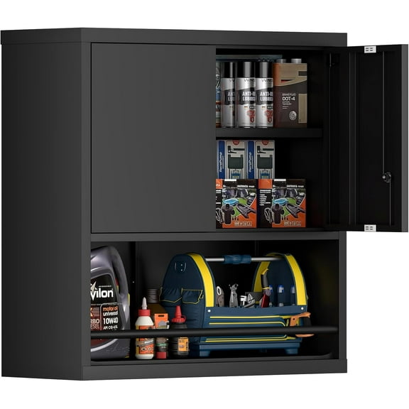 Garage Wall Cabinet,Lockable Storage Cabinet with Adjustable Shelf,Metal Locking Wall Cabinets for Garage,Warehouse,Office,Black