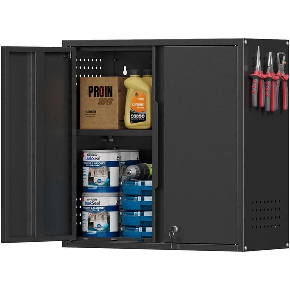 Garage Wall Cabinet, Metal Garage Cabinets with 2 Doors and Adjustable Shelf, Lockable Floating Tool Cabinet with Pegboard, Black Steel Wall Mounted Tool Cabinets for Kitchen,Office,Laundry,Warehouse