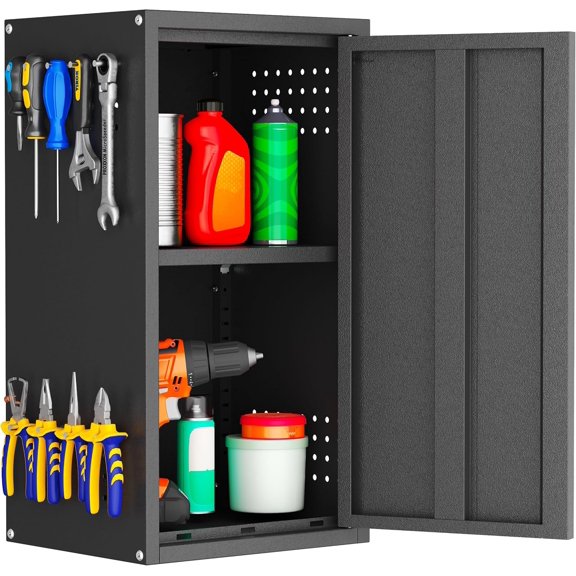 Garage Wall Cabinet, Metal Garage Cabinets with Adjustable Shelf, Lockable Floating Tool Cabinet with Pegboard, Black Steel Wall Mounted Tool Cabinets for Kitchen,Office,Laundry,Warehouse