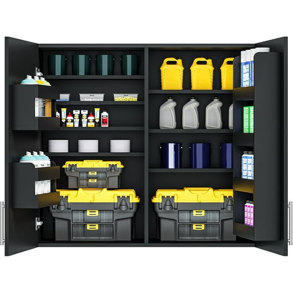 Garage Wall Cabinets, 35" W x 12" D x 32" H Wall Mounted Cabinet with 6 Door Shelves & Adjustable Shelf, Soft Close Medicine Cabinet for Warehouses Tool Room Laundry, Black