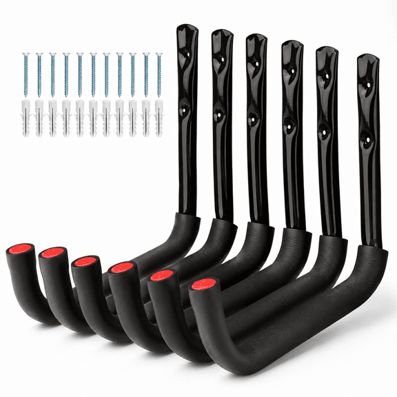 Garage Wall Mount Heavy Duty Ladder Hooks, 6 Pack Utility Storage Hanger, 9.8 Inch Rack Safely Holds 50lbs for Shed, Workshop, Basement